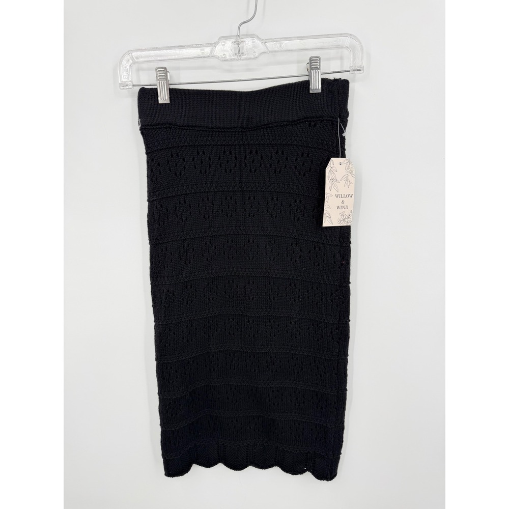 Willow & Wind Pointelle Knit Midi Skirt Women Size S Black Scalloped Hem S367627
